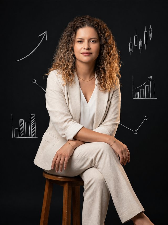 Retrato de la fundadora de She Trades sentada frente a un pizarrón con dibujos de gráficas.