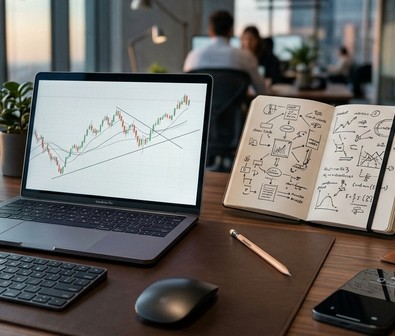 Laptop con gráficas de mercado junto a un cuaderno de apuntes, un mouse y un celular sobre un escritorio.